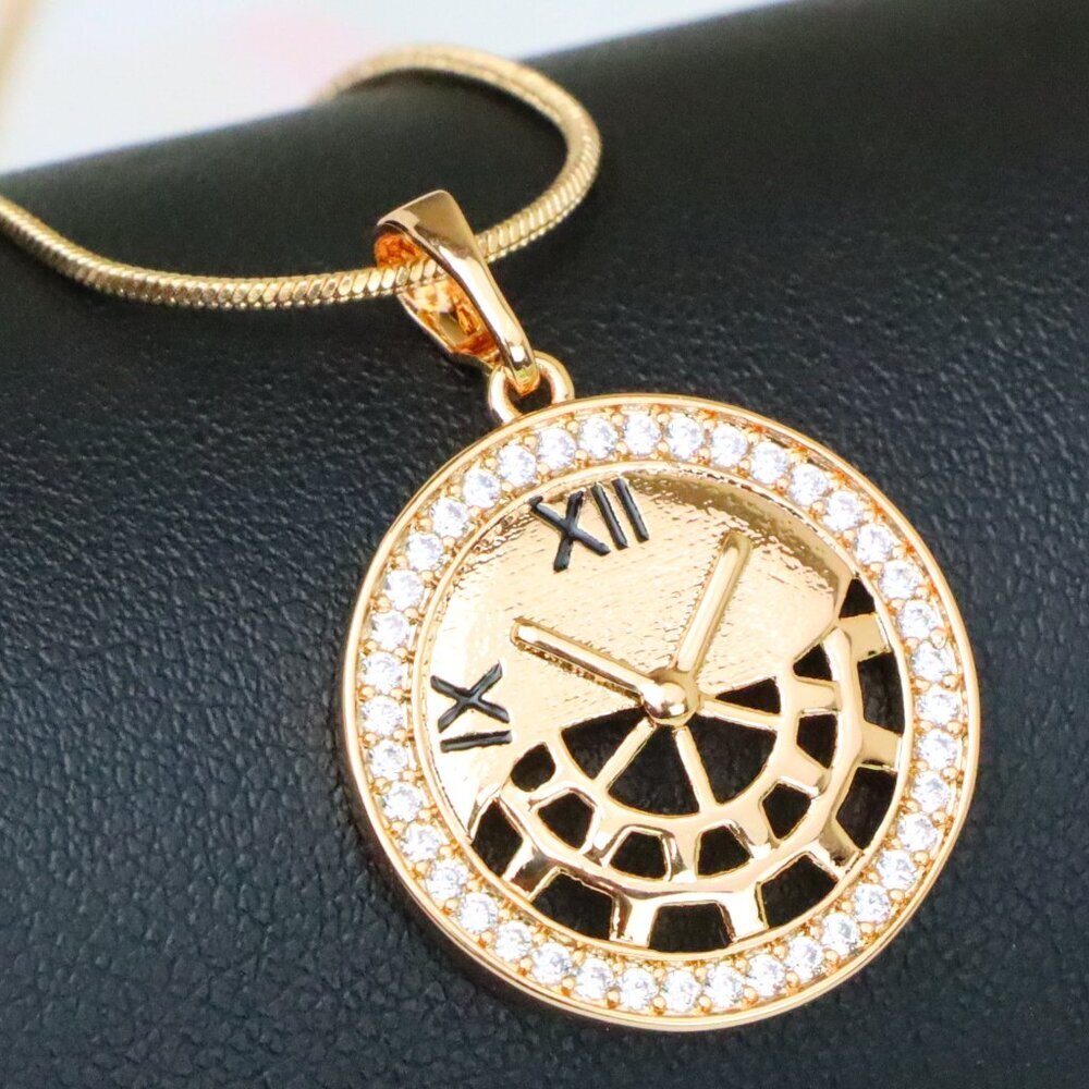 "Rose Gold Clock Face Pendant with Roman Numerals and Iced Border, XPPT1406